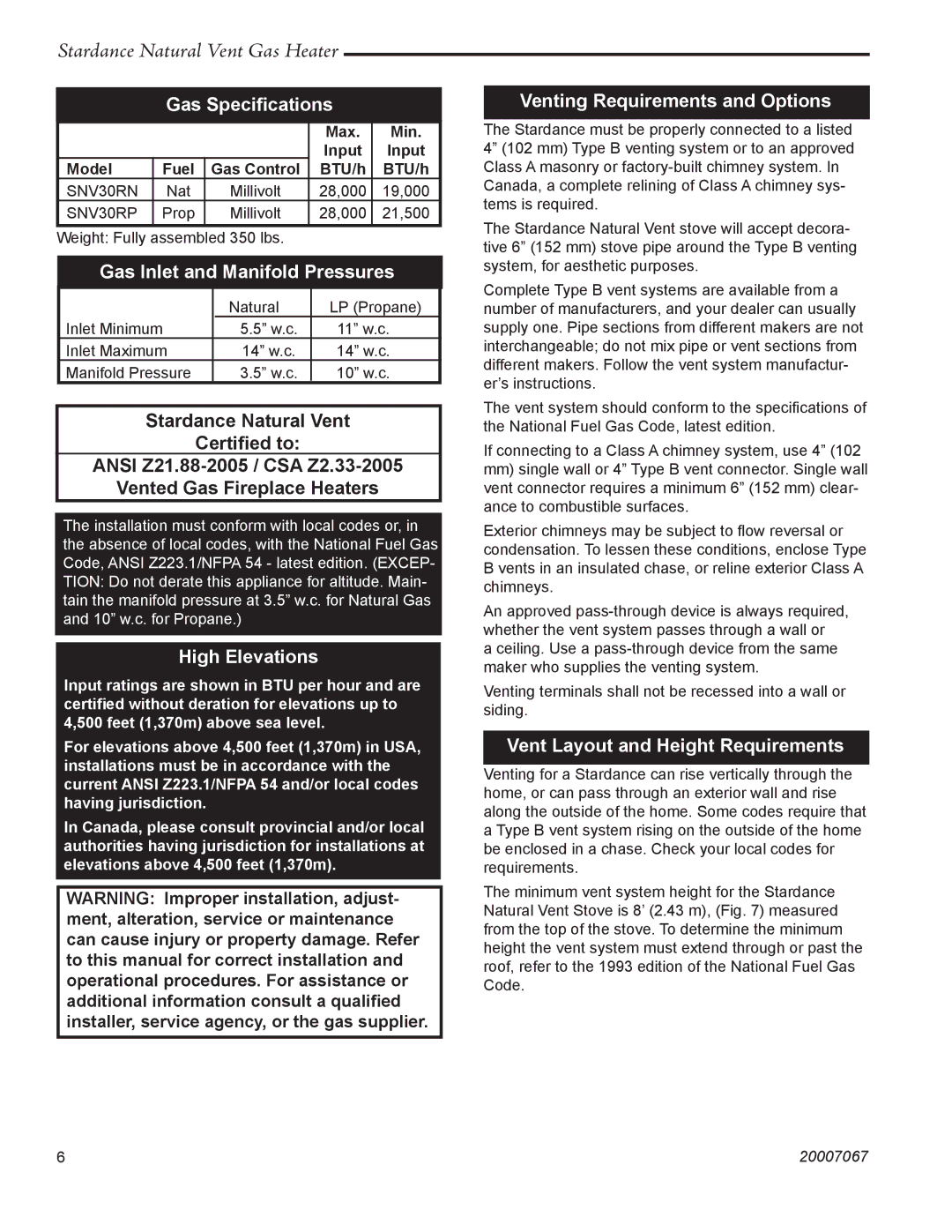 Vermont Casting SNV30 manual Gas Speciﬁcations, Gas Inlet and Manifold Pressures, High Elevations 