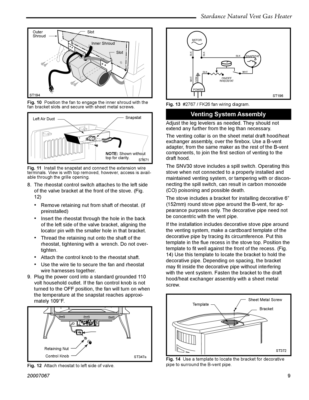 Vermont Casting SNV30 manual Venting System Assembly, Attach rheostat to left side of valve 