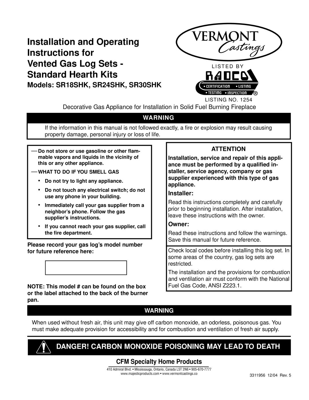 Vermont Casting manual Models SR18SHK, SR24SHK, SR30SHK 