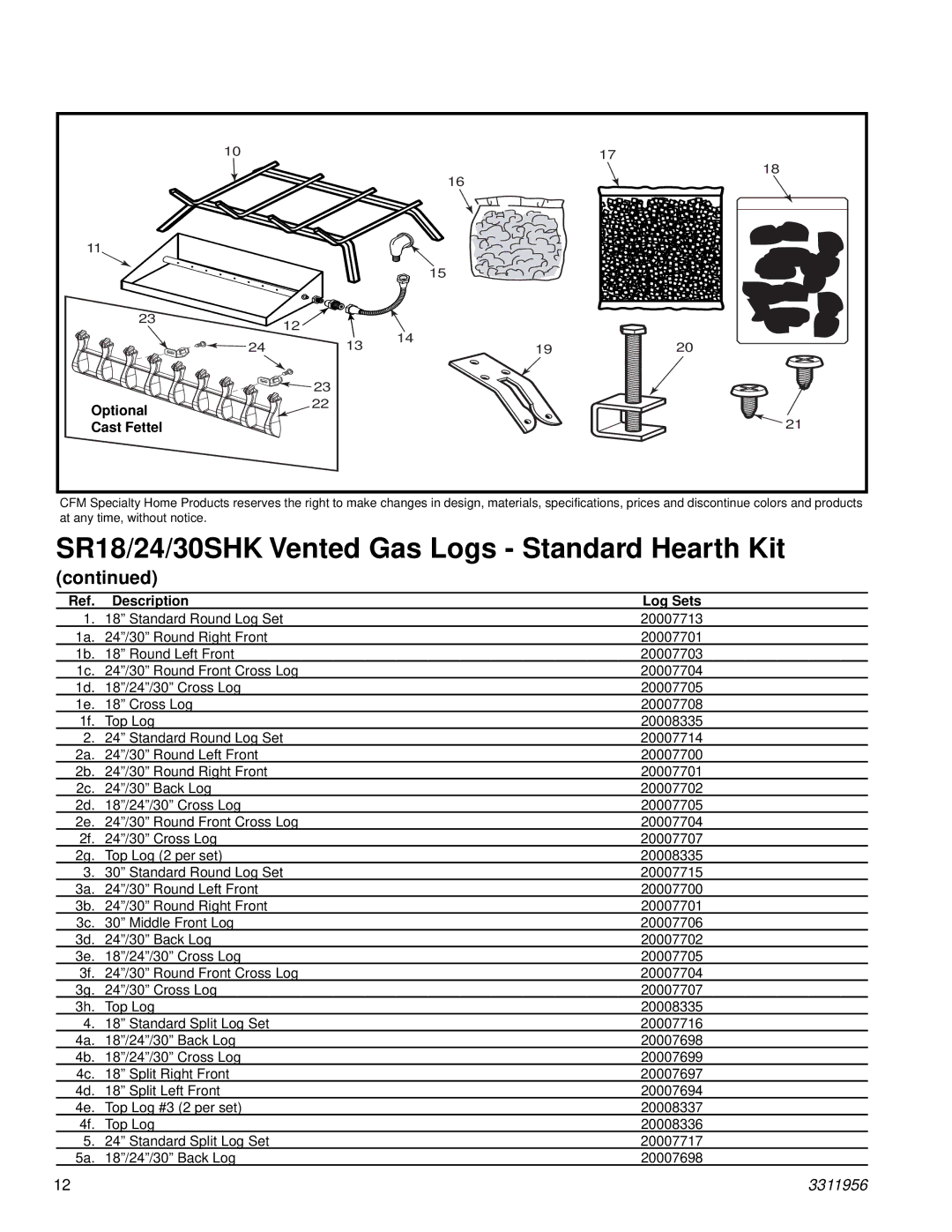 Vermont Casting SR24SHK, SR18SHK, SR30SHK manual SR18/24/30SHK Vented Gas Logs Standard Hearth Kit 