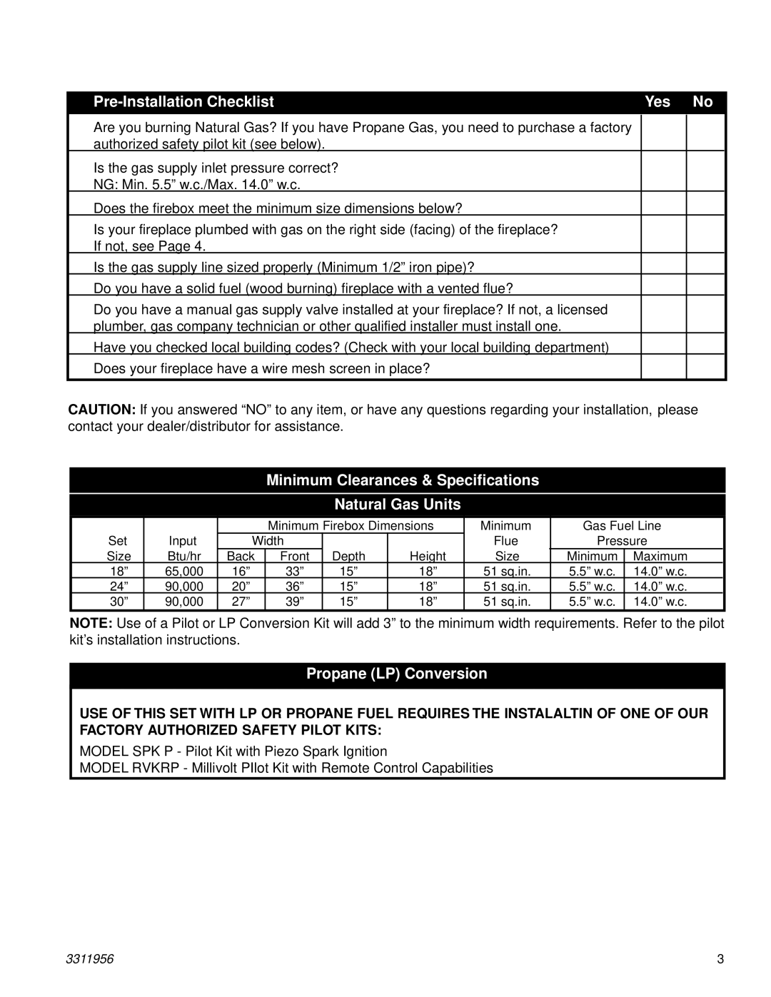 Vermont Casting SR24SHK, SR18SHK Pre-Installation Checklist Yes No, Minimum Clearances & Specifications Natural Gas Units 