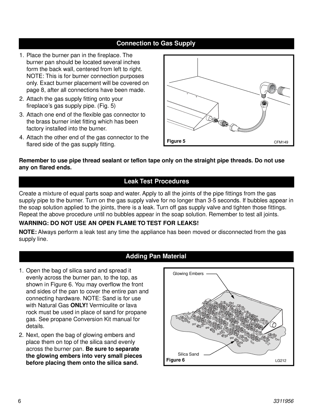 Vermont Casting SR24SHK, SR18SHK, SR30SHK manual Connection to Gas Supply, Leak Test Procedures, Adding Pan Material 