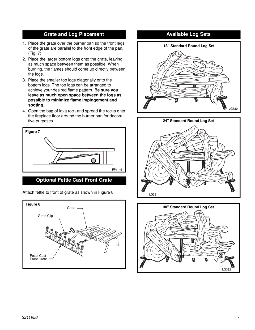 Vermont Casting SR18SHK, SR24SHK, SR30SHK Grate and Log Placement, Optional Fettle Cast Front Grate, Available Log Sets 