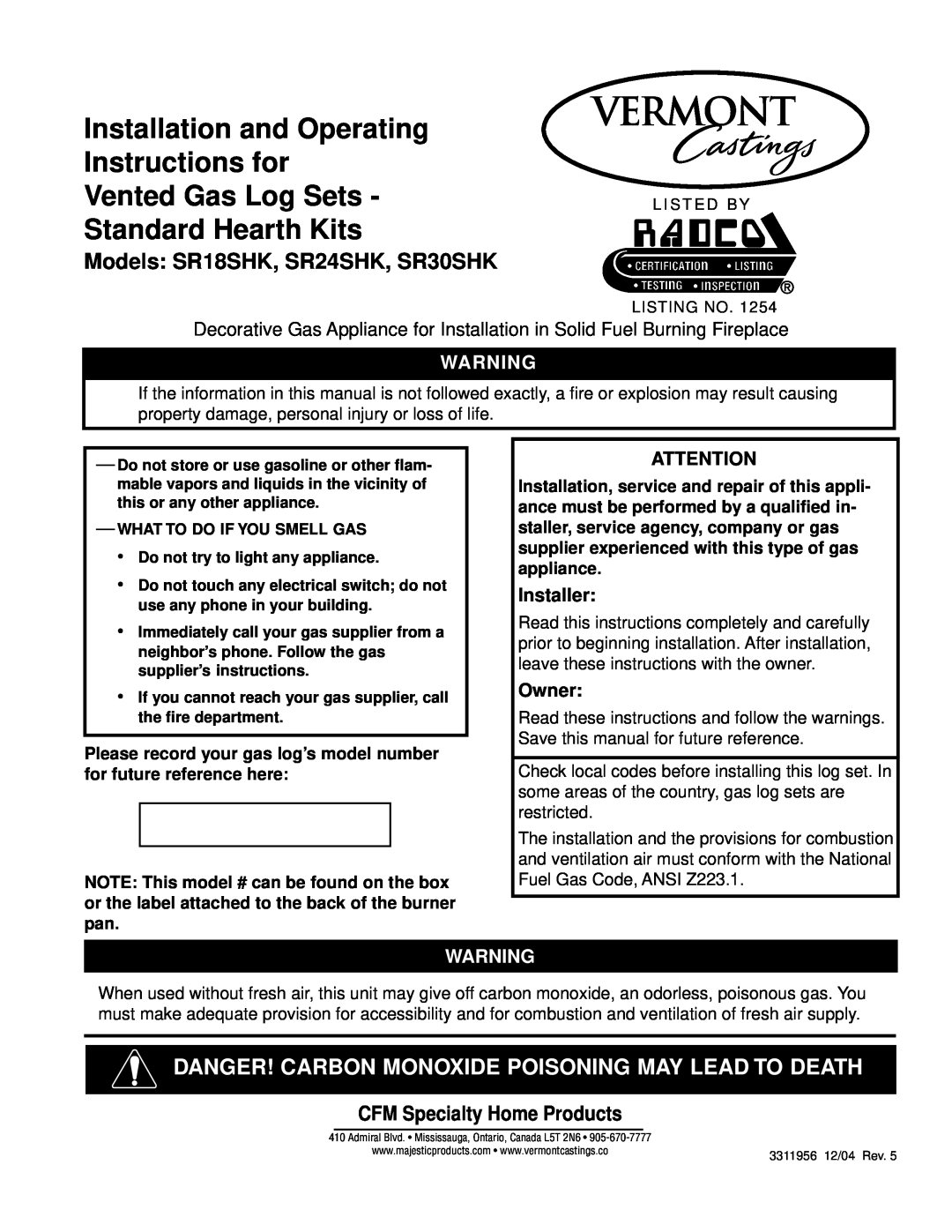 Vermont Casting SR18SHK manual Installation and Operating Instructions for, Vented Gas Log Sets - Standard Hearth Kits 