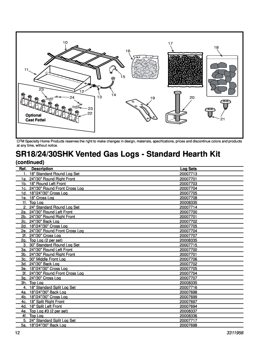 Vermont Casting SR24SHK, SR18SHK, SR30SHK manual continued, 3311956, Optional, Cast Fettel, Description, Log Sets 
