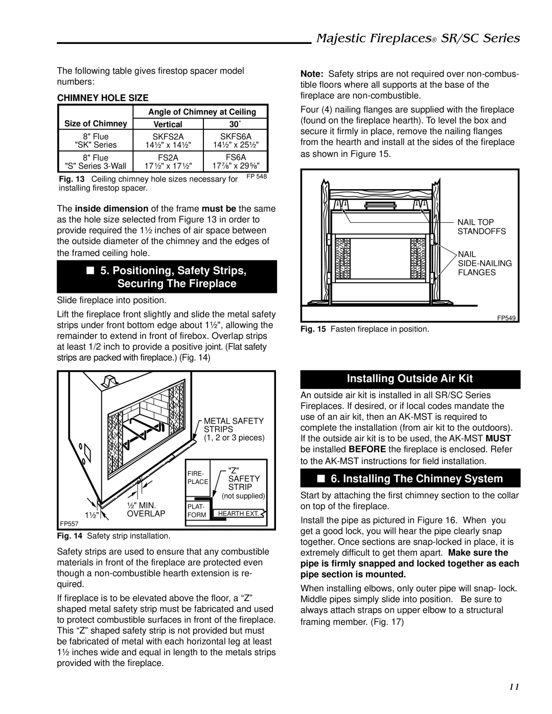 Vermont Casting SC36, SR42, SR36, SC42 manual Positioning, Safety Strips, Securing The Fireplace, Installing Outside Air Kit 