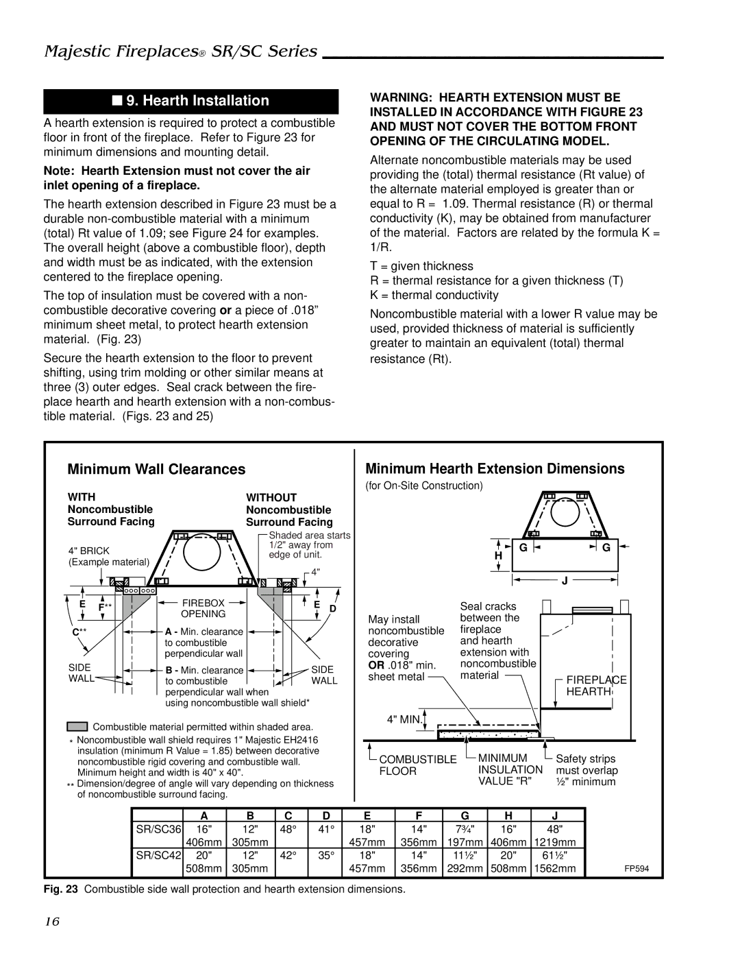 Vermont Casting SR42, SR36, SC42, SC36 manual Hearth Installation, With Without 