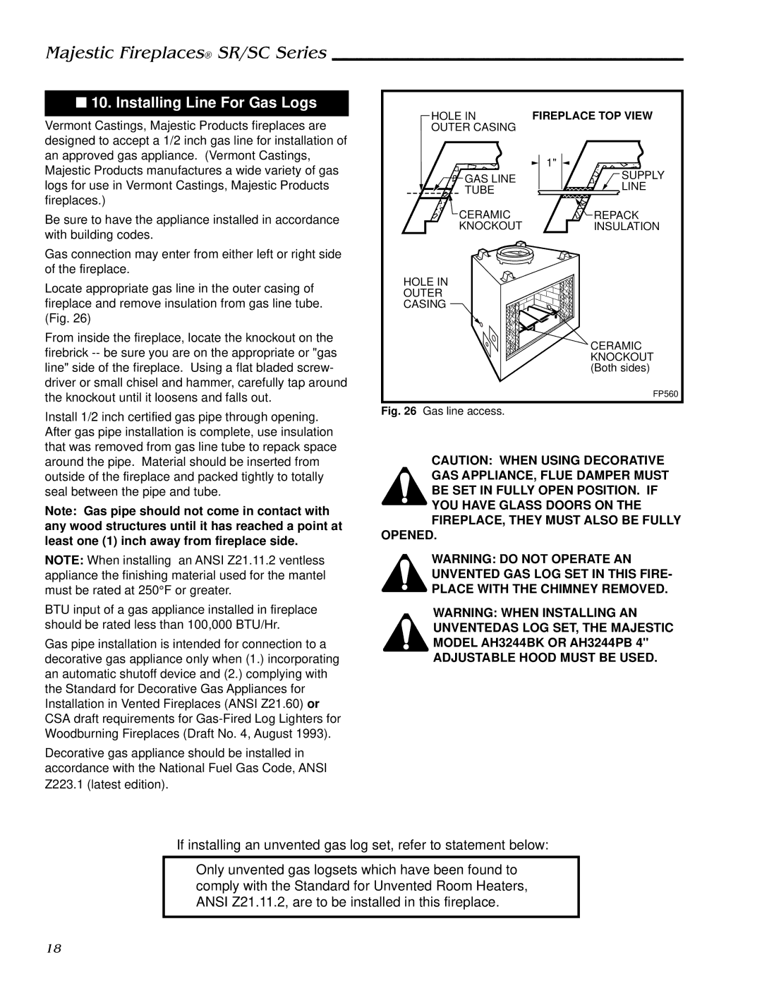 Vermont Casting SC42, SR42, SR36, SC36 manual Installing Line For Gas Logs, Fireplace TOP 