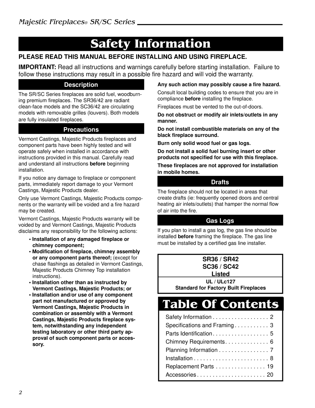 Vermont Casting SC42, SR42, SR36, SC36 manual Safety Information, Table Of Contents 