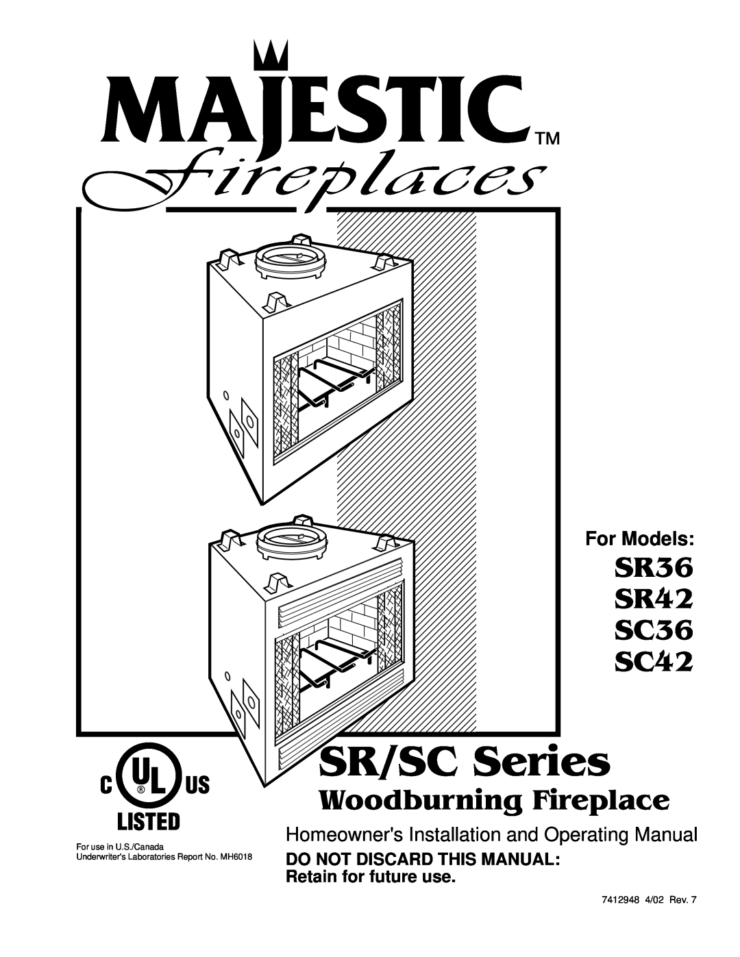 Vermont Casting SR36 manual Majestic Fireplaces SR/SC Series, DO NOT DISCARD THIS MANUAL Retain for future use, SR42, SC36 