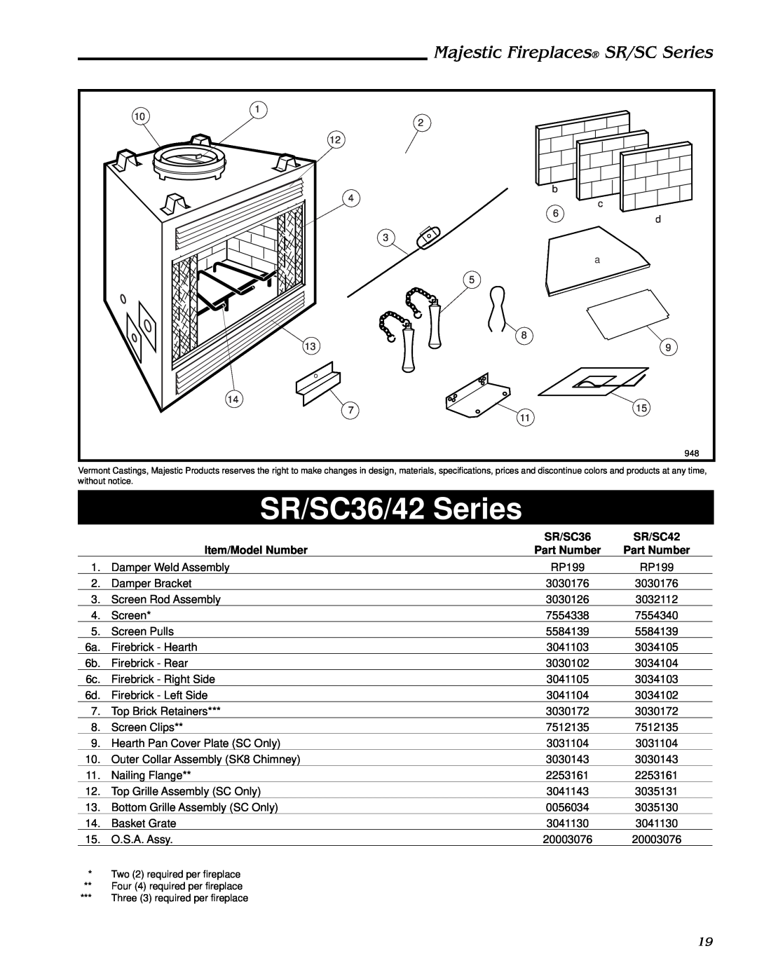 Vermont Casting SR42, SR36 SR/SC36/42 Series, Majestic Fireplaces SR/SC Series, SR/SC42, Item/Model Number, Part Number 
