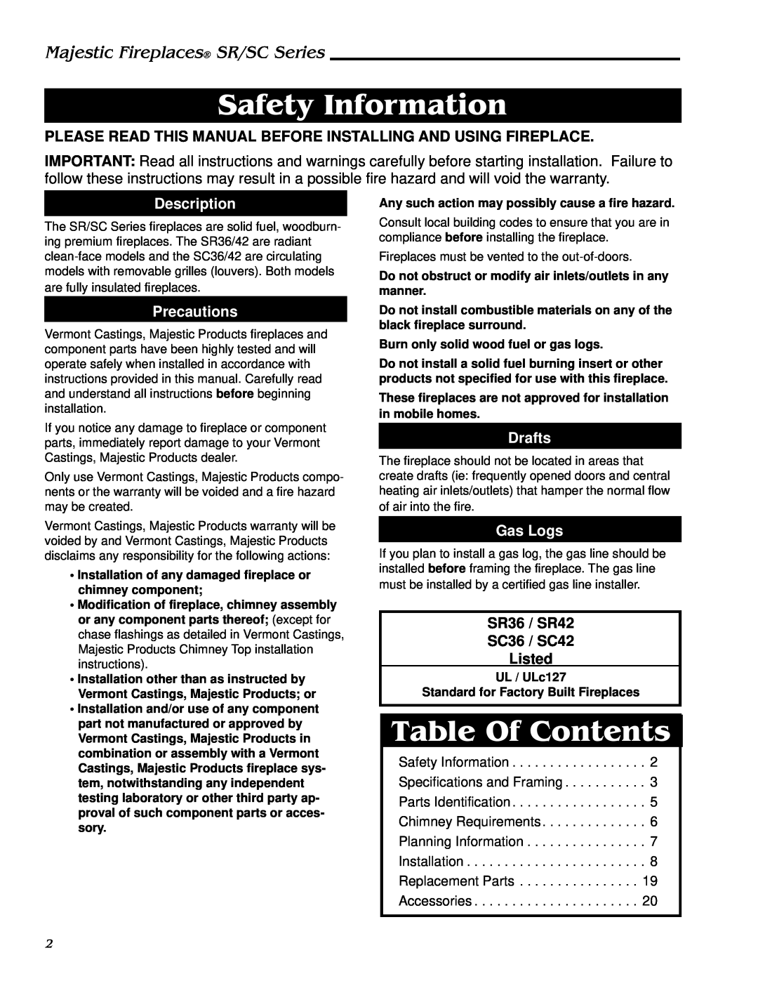 Vermont Casting SC42, SR42, SR36, SC36 Safety Information, Table Of Contents, Description, Precautions, Drafts, Gas Logs 