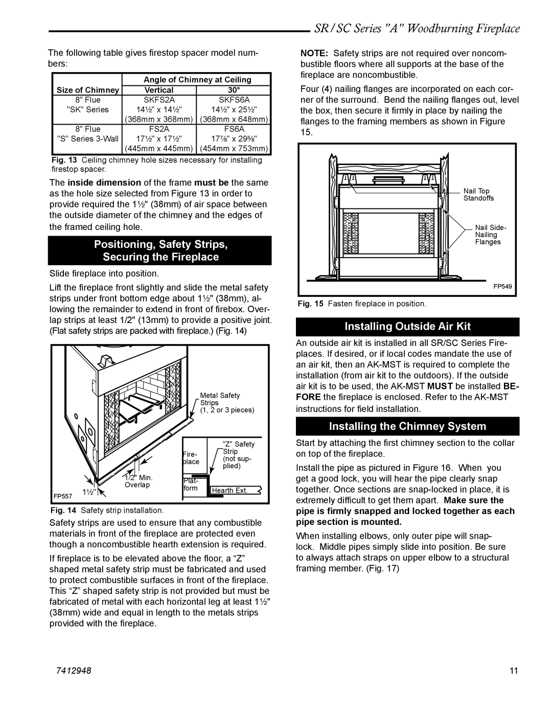 Vermont Casting SC36A manual Positioning, Safety Strips Securing the Fireplace, Installing Outside Air Kit, Size of Chimney 