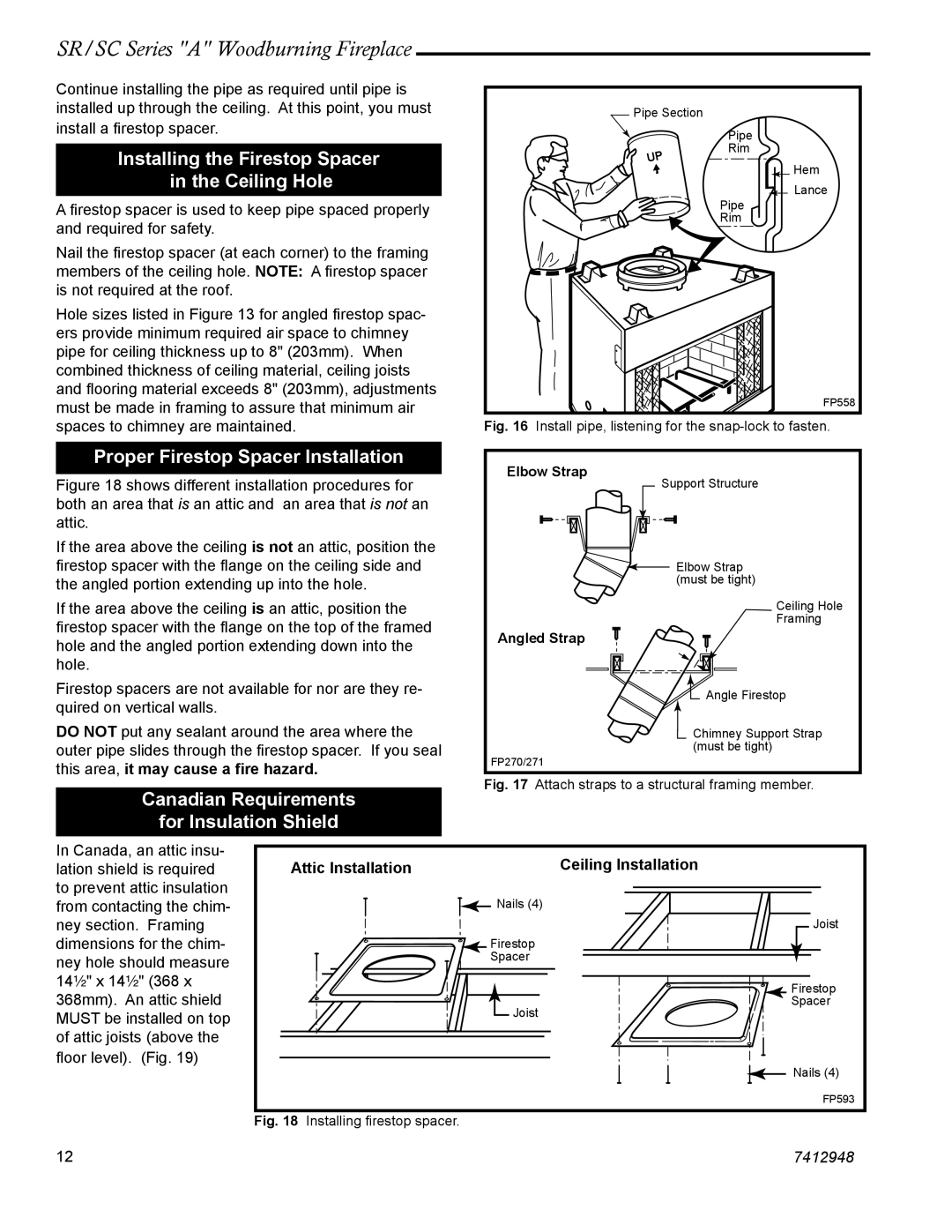 Vermont Casting SR42A, SR36A, SC42A, SC36A Installing the Firestop Spacer Ceiling Hole, Proper Firestop Spacer Installation 