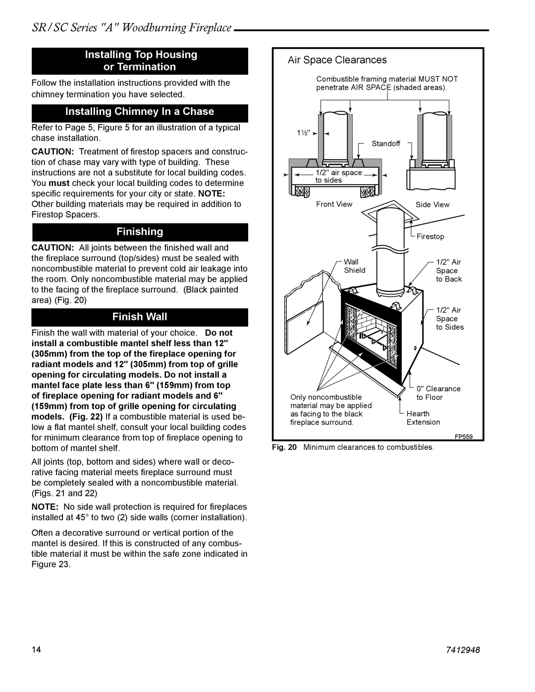 Vermont Casting SC42A, SR42A Installing Top Housing or Termination, Installing Chimney In a Chase, Finishing Finish Wall 