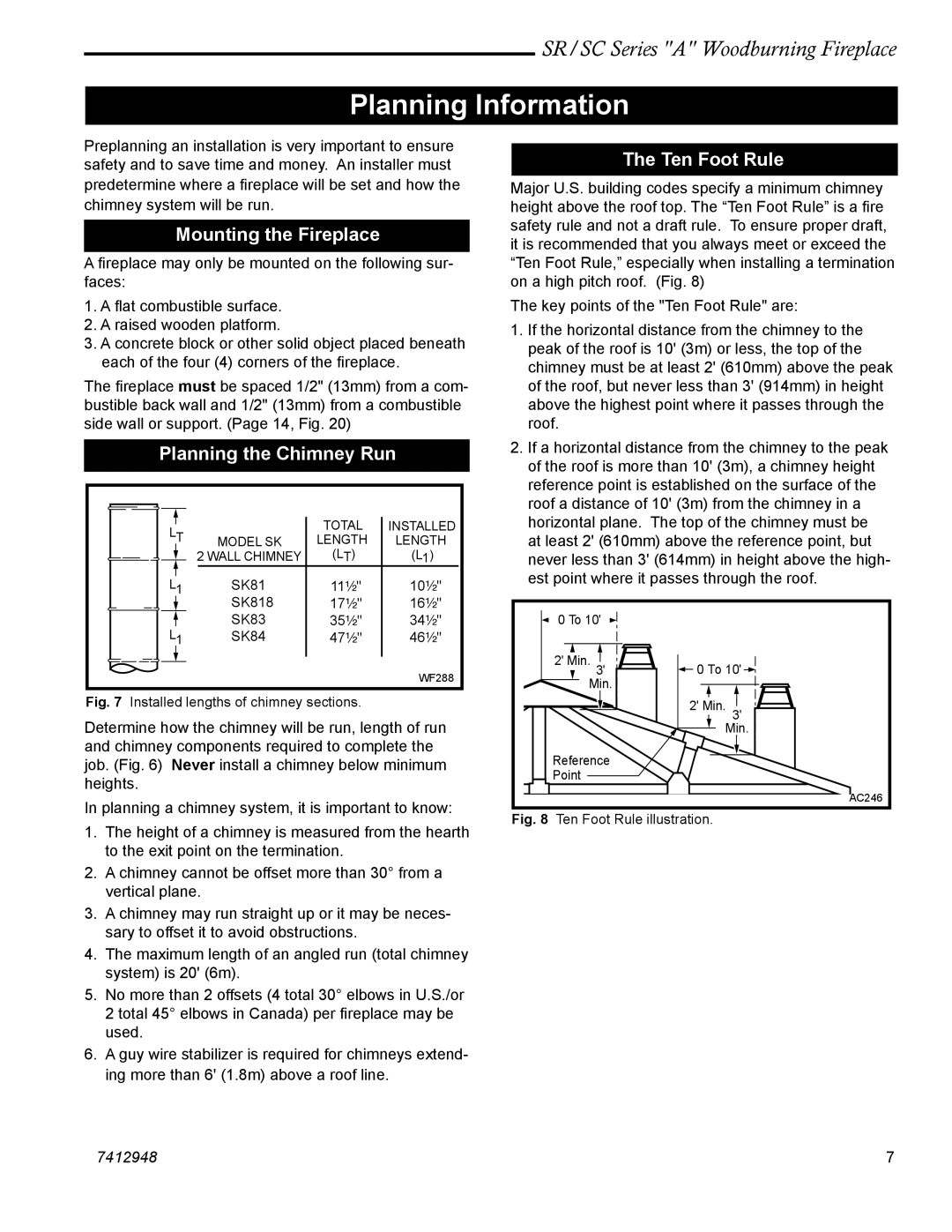 Vermont Casting SC36A, SR42A, SR36A Planning Information, Mounting the Fireplace, Planning the Chimney Run, Ten Foot Rule 