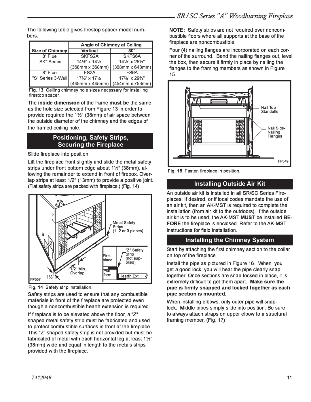 Vermont Casting SC36A, SR42A, SR36A Positioning, Safety Strips Securing the Fireplace, Installing Outside Air Kit, 7412948 