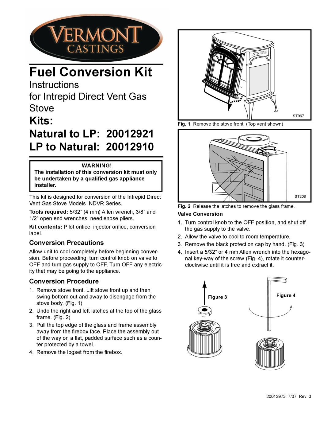 Vermont Casting ST208 manual Valve Conversion, Fuel Conversion Kit, Kits Natural to LP LP to Natural, Conversion Procedure 
