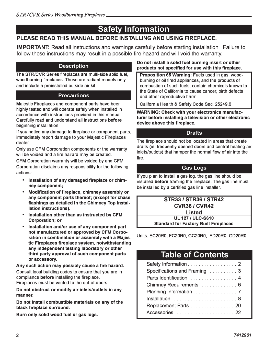 Vermont Casting STR36 Safety Information, Table of Contents, STR/CVR Series Woodburning Fireplaces, Description, Drafts 
