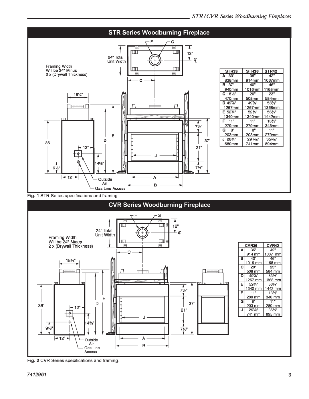 Vermont Casting CVR36 manual STR Series Woodburning Fireplace, CVR Series Woodburning Fireplace, 7412961, Fg C J A B, STR33 