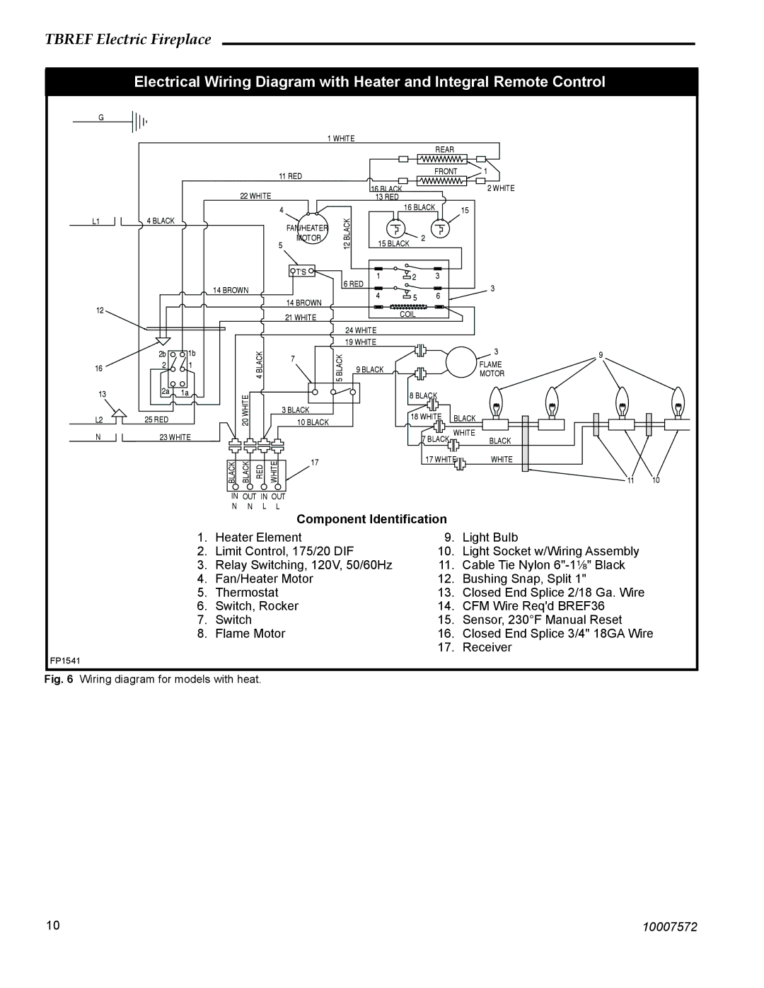 Vermont Casting TBREF36NH manual Component Identiﬁcation, Wiring diagram for models with heat 