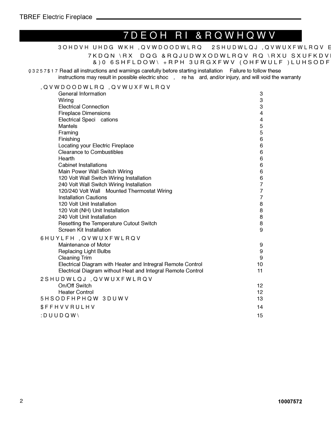 Vermont Casting TBREF36NH manual Table of Contents 