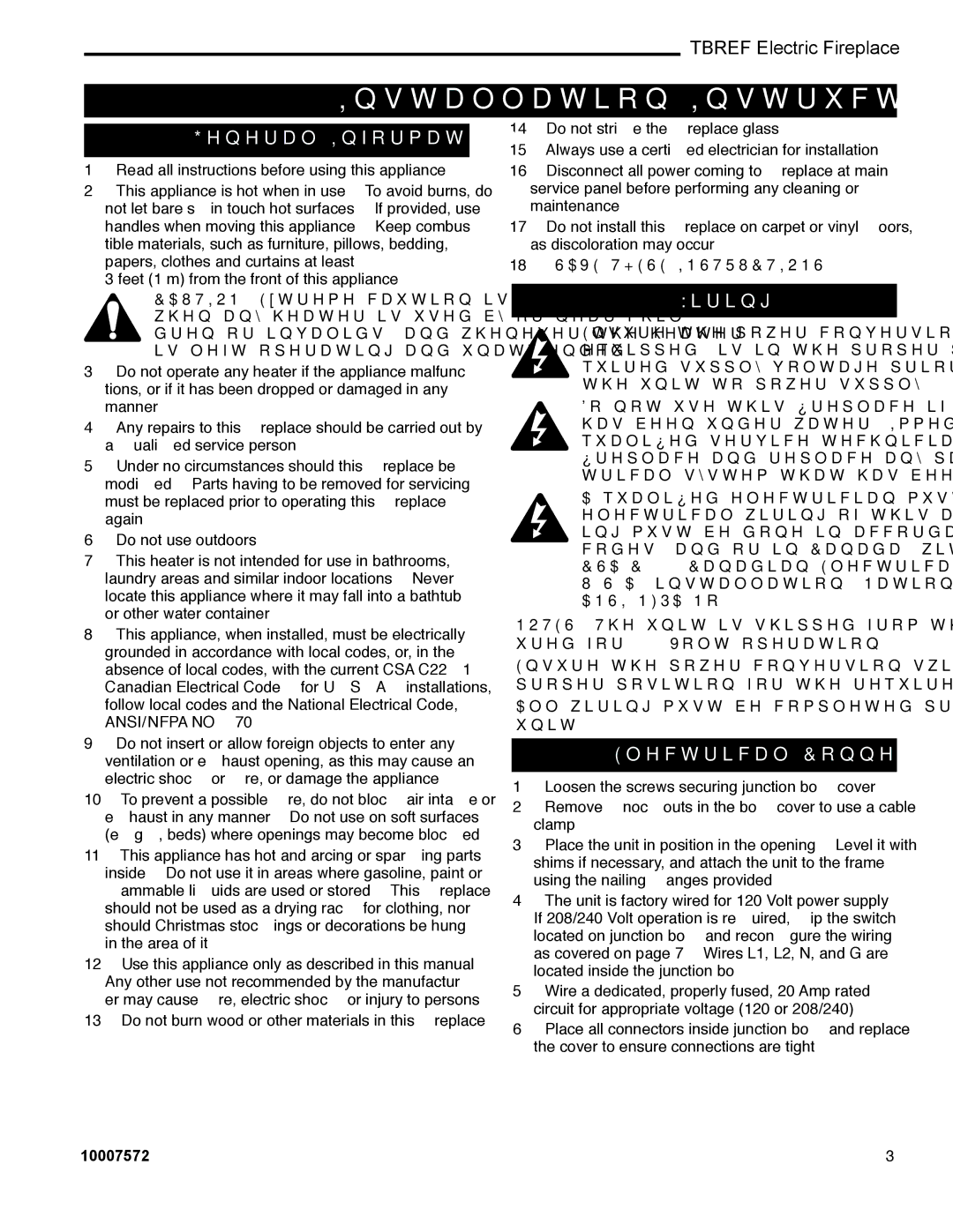 Vermont Casting TBREF36NH manual Installation Instructions, General Information, Wiring, Electrical Connection 