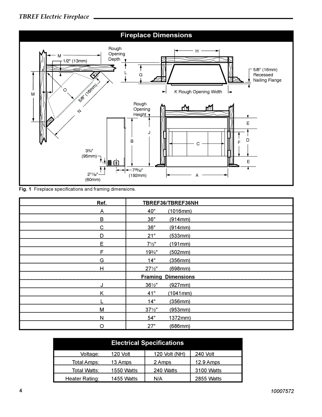 Vermont Casting TBREF36NH manual Fireplace Dimensions, Electrical Speciﬁcations, Framing Dimensions 