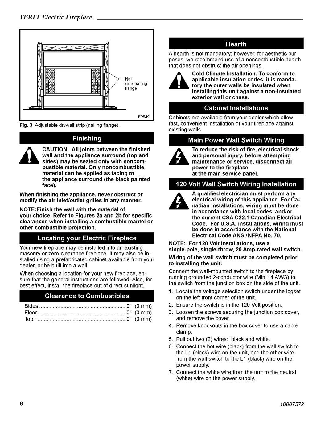 Vermont Casting TBREF36NH manual Finishing, Locating your Electric Fireplace, Clearance to Combustibles, Hearth 