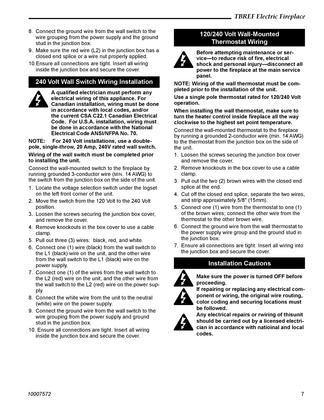 Vermont Casting TBREF36NH manual 120/240 Volt Wall-Mounted Thermostat Wiring, Installation Cautions 