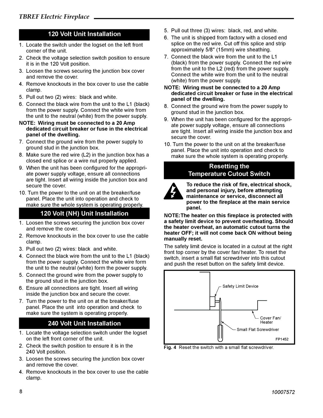 Vermont Casting TBREF36NH manual Volt Unit Installation, Volt NH Unit Installation, Resetting Temperature Cutout Switch 