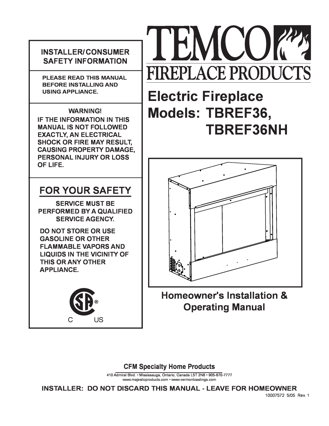 Vermont Casting TBREF36 manual For Your Safety, Homeowners Installation & Operating Manual, CFM Specialty Home Products 