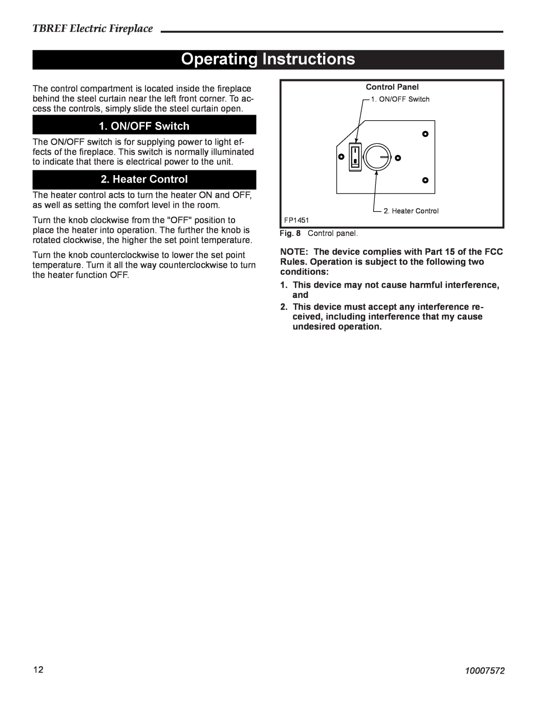 Vermont Casting TBREF36NH Operating Instructions, 1. ON/OFF Switch, Heater Control, TBREF Electric Fireplace, 10007572 
