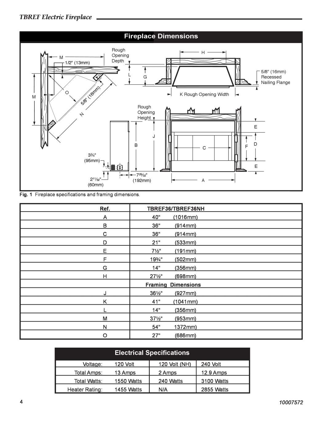 Vermont Casting Fireplace Dimensions, Electrical Speciﬁcations, TBREF Electric Fireplace, TBREF36/TBREF36NH, 10007572 