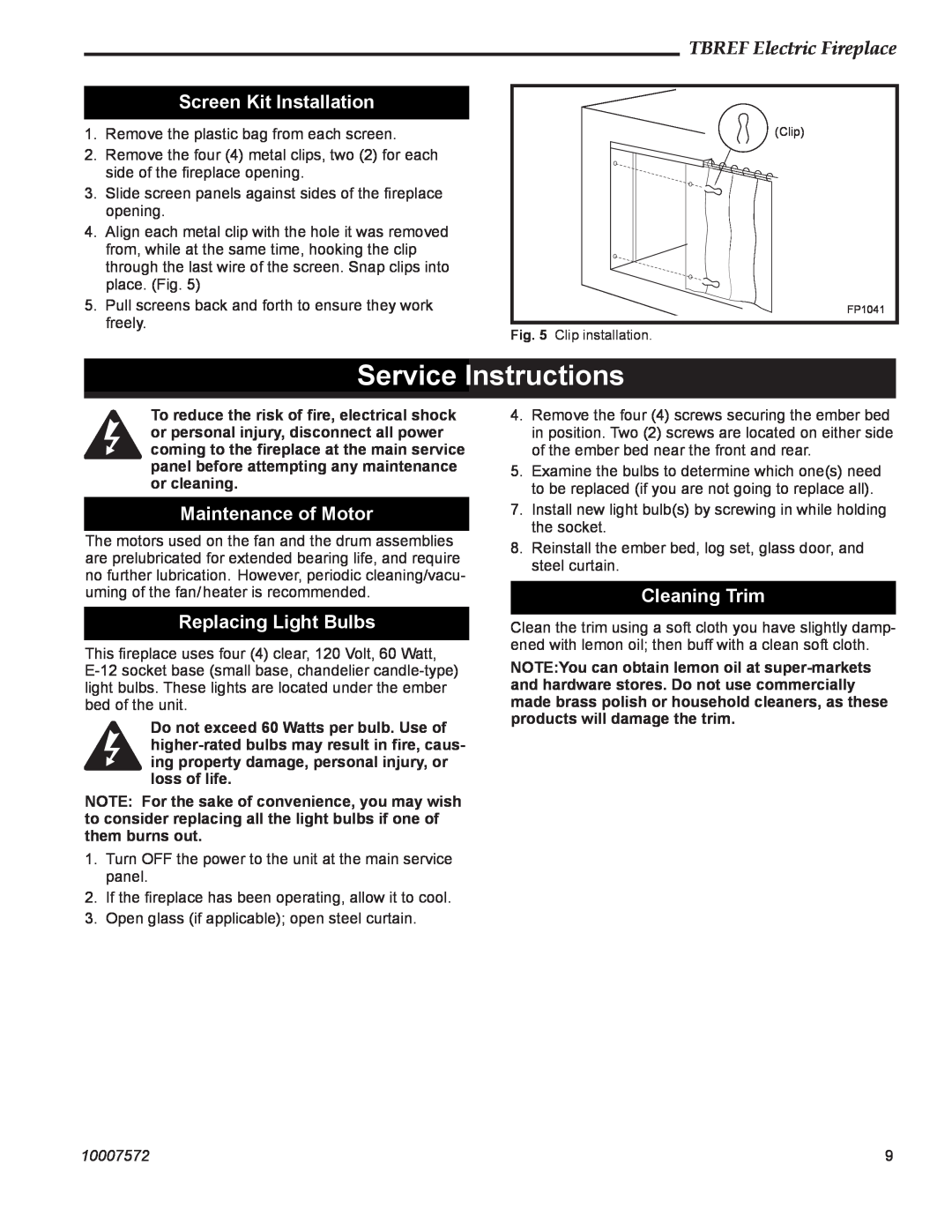 Vermont Casting TBREF36 manual Service Instructions, Screen Kit Installation, Maintenance of Motor, Replacing Light Bulbs 