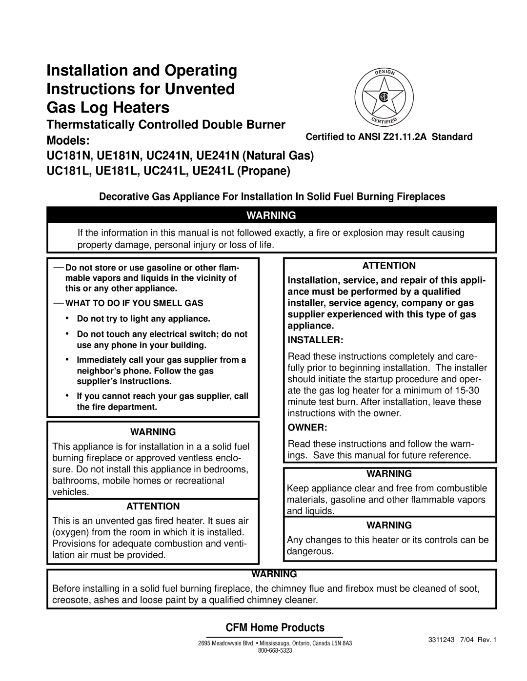 Vermont Casting UE181N, UC241L manual This or any other appliance, Do not try to light any appliance, Fire department 