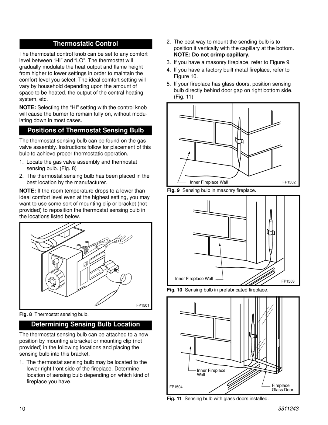 Vermont Casting UE241N manual Thermostatic Control, Positions of Thermostat Sensing Bulb, Determining Sensing Bulb Location 