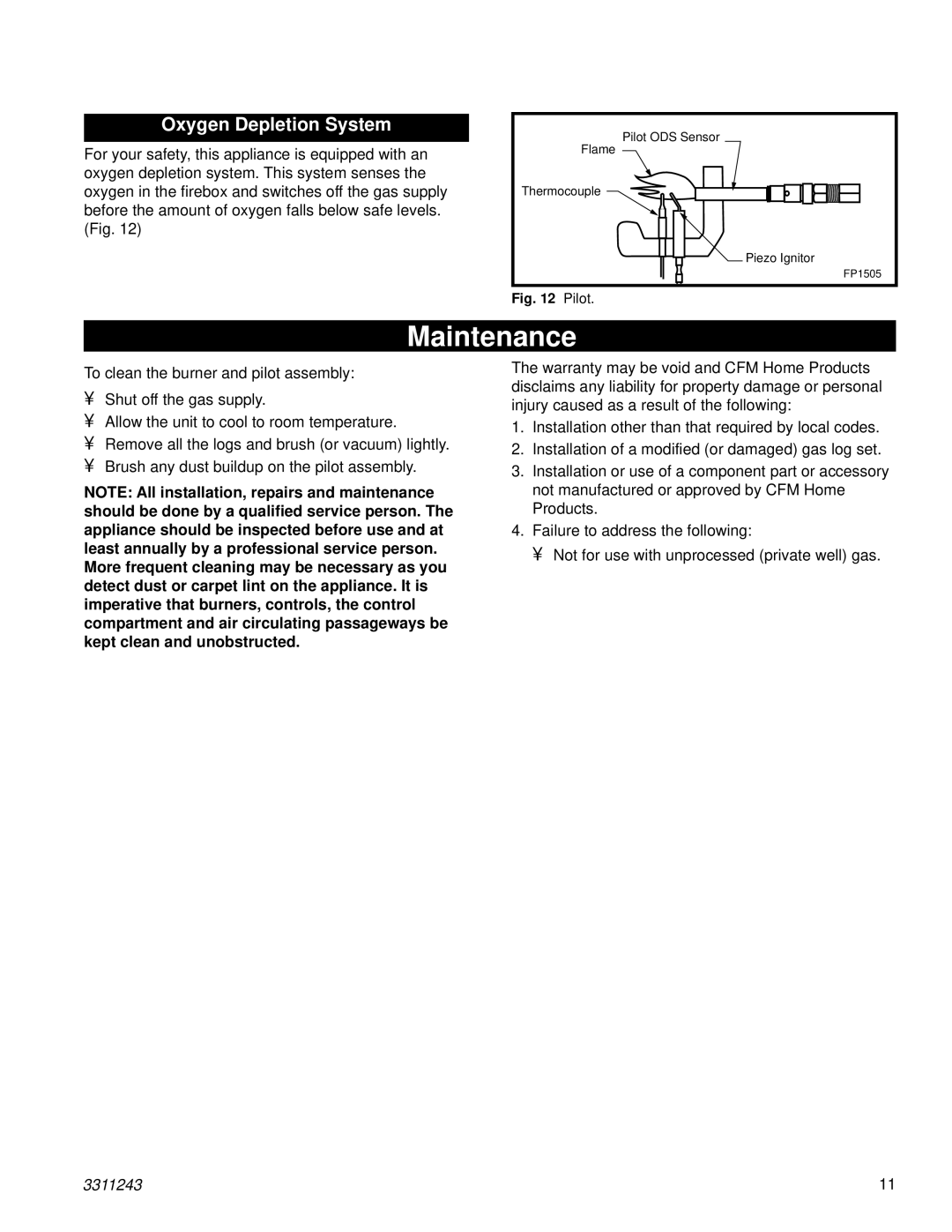 Vermont Casting UC181N, UC241L, UE181N, UE241N, UC241N, UE241L, UE181L, UC181L manual Maintenance, Oxygen Depletion System 