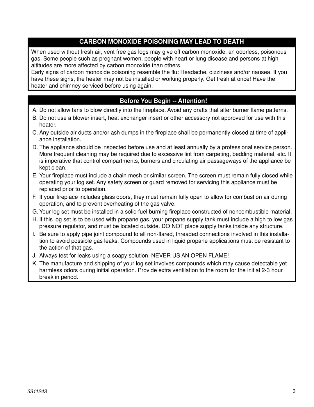 Vermont Casting UC181N, UC241L, UE181N, UE241N Carbon Monoxide Poisoning MAY Lead to Death, Before You Begin -- Attention 