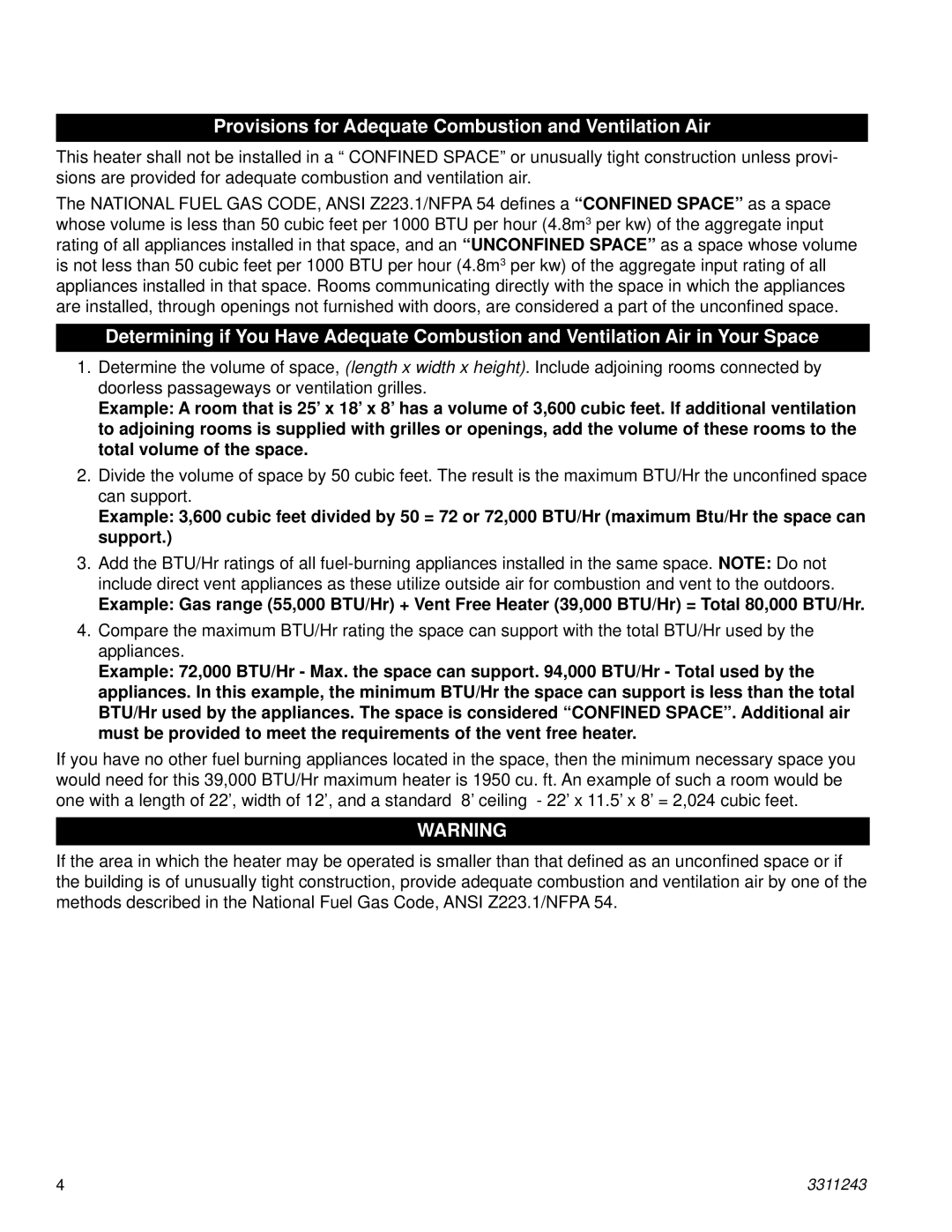 Vermont Casting UC241N, UC241L, UE181N, UE241N, UC181N, UE241L, UE181L Provisions for Adequate Combustion and Ventilation Air 