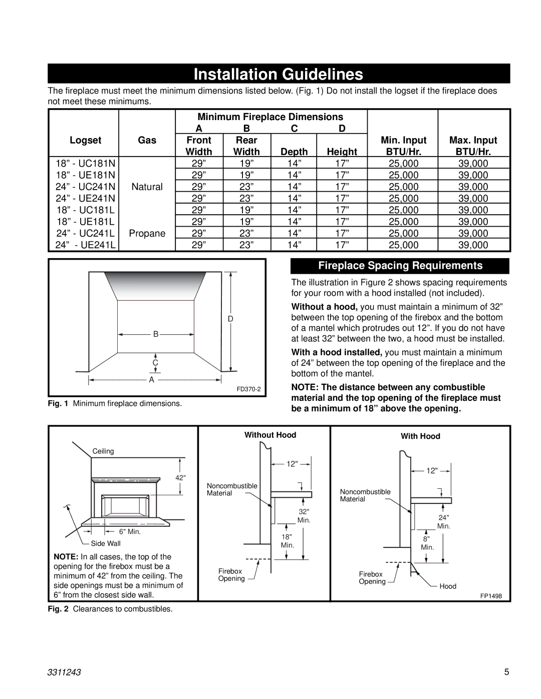 Vermont Casting UE241L, UC241L, UE181N, UE241N Fireplace Spacing Requirements, Rear, Be a minimum of 18 above the opening 