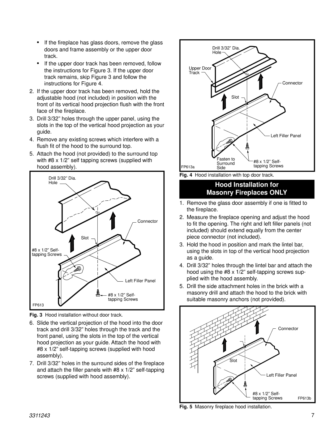 Vermont Casting UC181L, UC241L, UE181N Hood Installation for Masonry Fireplaces only, Hood installation without door track 