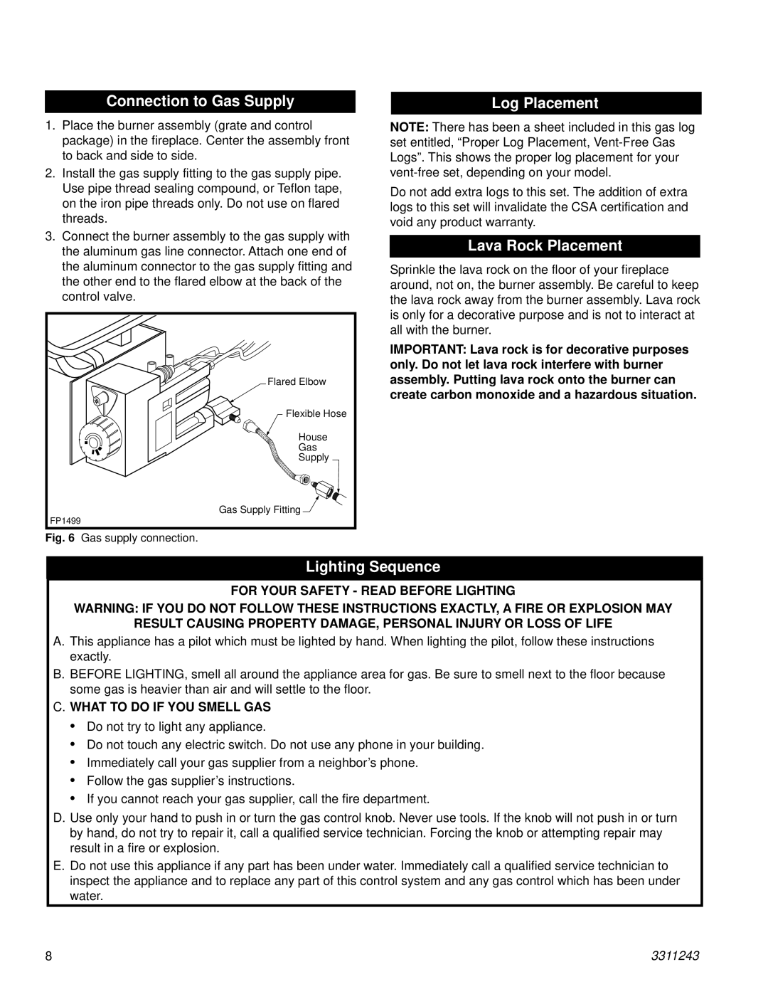 Vermont Casting UC241L, UE181N, UE241N manual Connection to Gas Supply, Log Placement, Lava Rock Placement, Lighting Sequence 