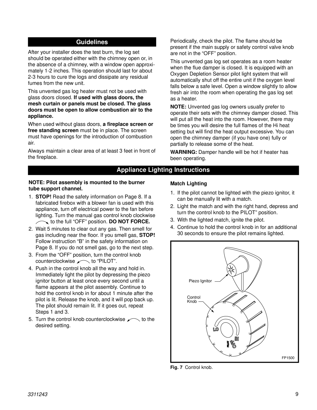 Vermont Casting UE181N, UC241L, UE241N, UC181N, UC241N, UE241L Guidelines, Appliance Lighting Instructions, Match Lighting 