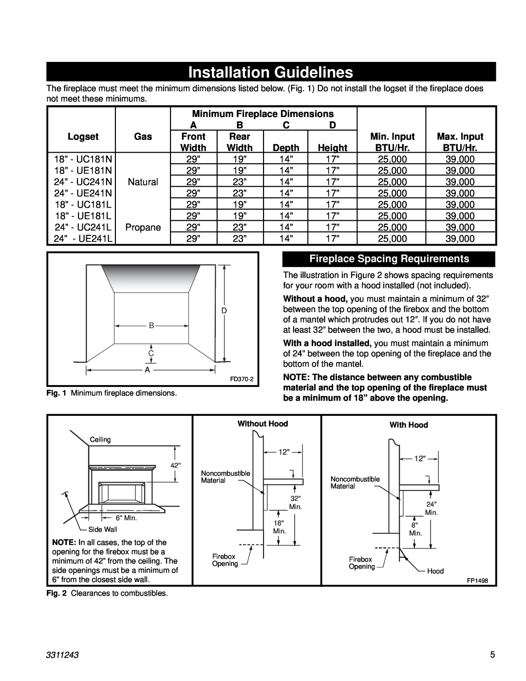 Vermont Casting UE241L, UC241L, UE181N, UE241N, UC181N, UC241N, UE181L Installation Guidelines, Fireplace Spacing Requirements 