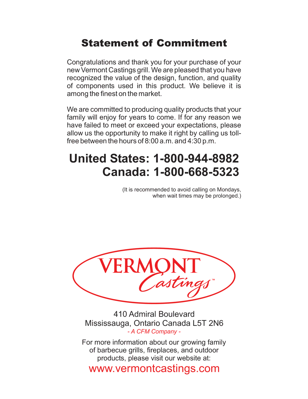 Vermont Casting VC0620P, VC0680P, VC0680N owner manual United States 1-800-944-8982 Canada, Statement of Commitment 