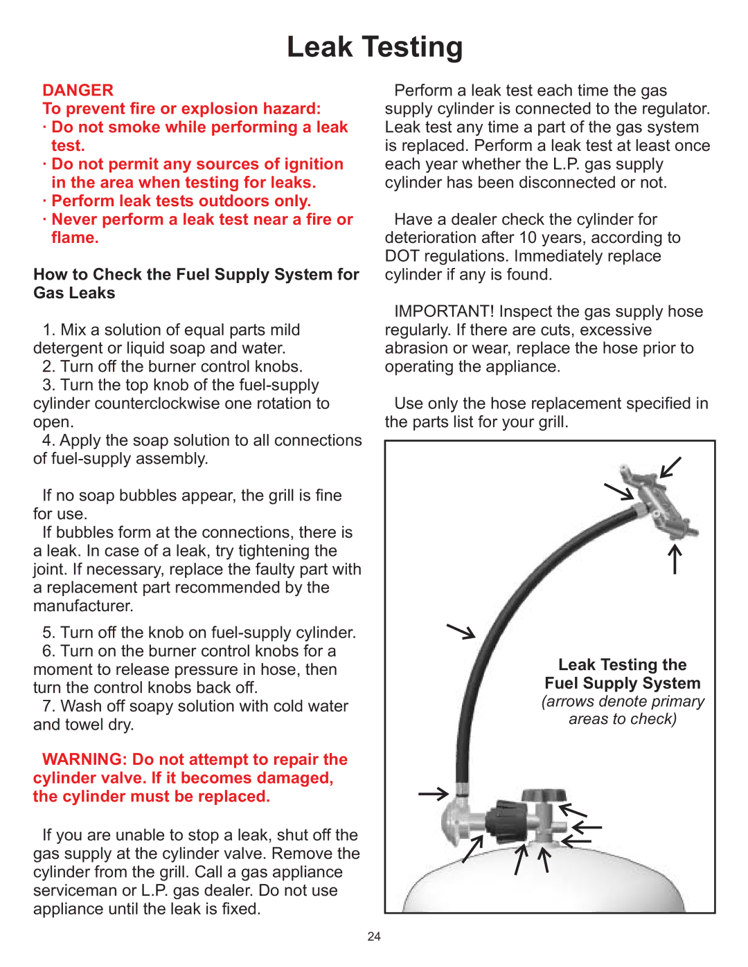 Vermont Casting VC0680P, VC0680N owner manual Leak Testing, How to Check the Fuel Supply System for Gas Leaks 