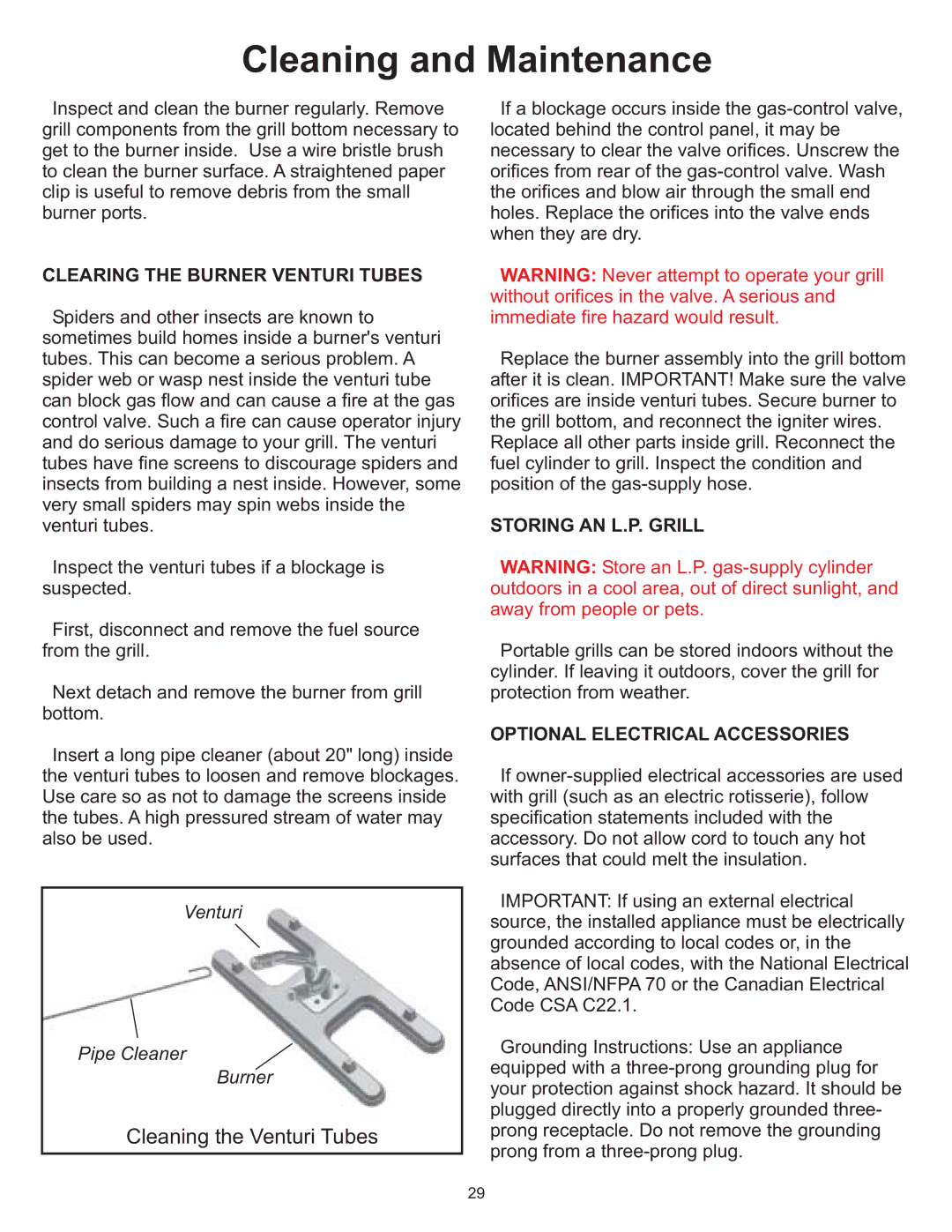 Vermont Casting VC0620P, VC0680P, VC0680N owner manual Cleaning and Maintenance, Clearing the Burner Venturi Tubes 