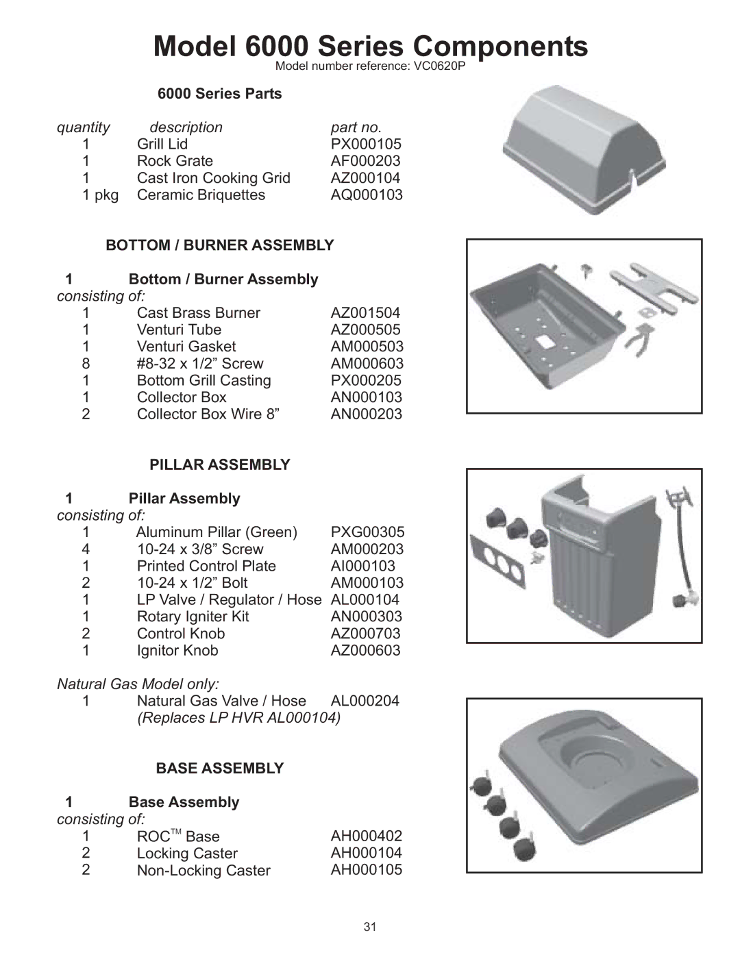 Vermont Casting VC0620P, VC0680P, VC0680N Model 6000 Series Components, Bottom / Burner Assembly, Pillar Assembly 