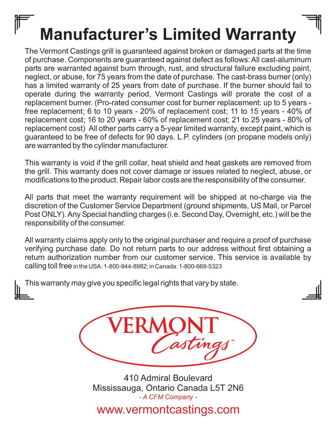 Vermont Casting VC0620P, VC0680P, VC0680N owner manual Manufacturer’s Limited Warranty 